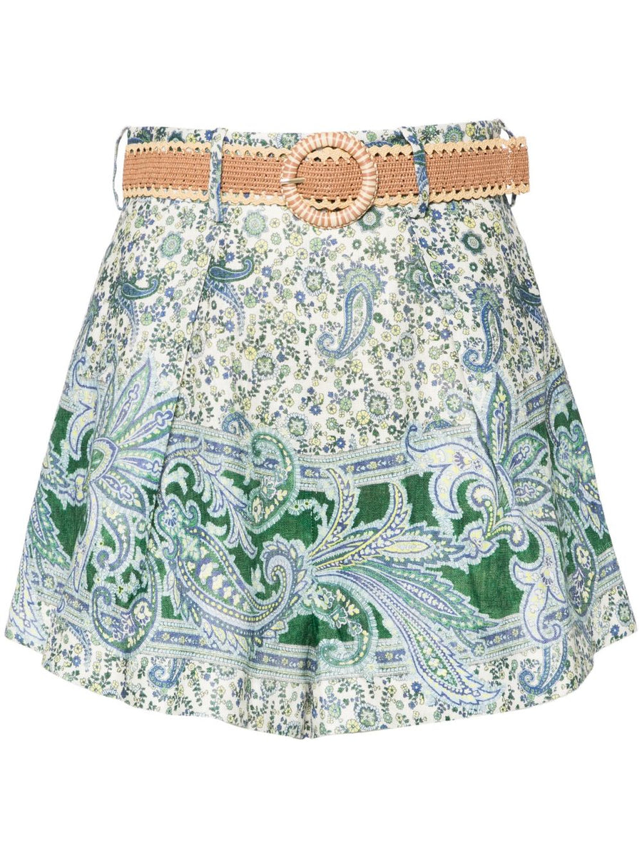 Zimmermann Ottie Tuck Linen Shorts High Waist Belted Green Paisley Resortwear For Women