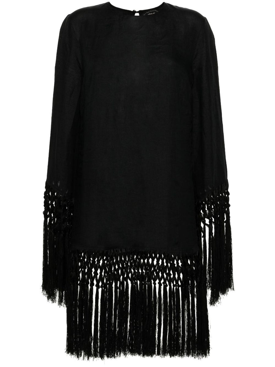 Taller Marmo Linen Short Dress With Fringe Detailing Black For Women Resort Wear