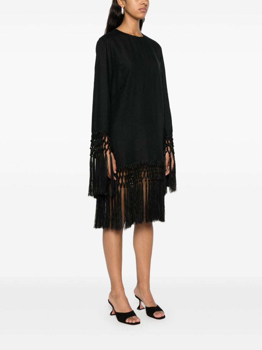 Taller Marmo Linen Short Dress With Fringe Detailing Black For Women Resort Wear