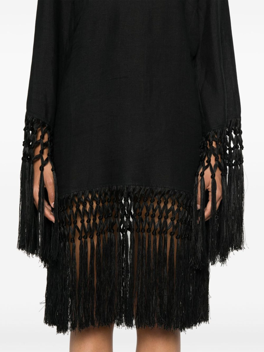 Taller Marmo Linen Short Dress With Fringe Detailing Black For Women Resort Wear
