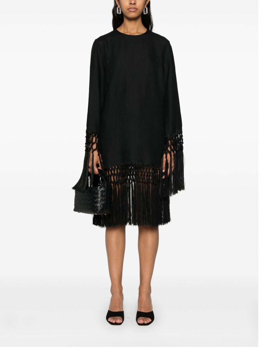 Taller Marmo Linen Short Dress With Fringe Detailing Black For Women Resort Wear