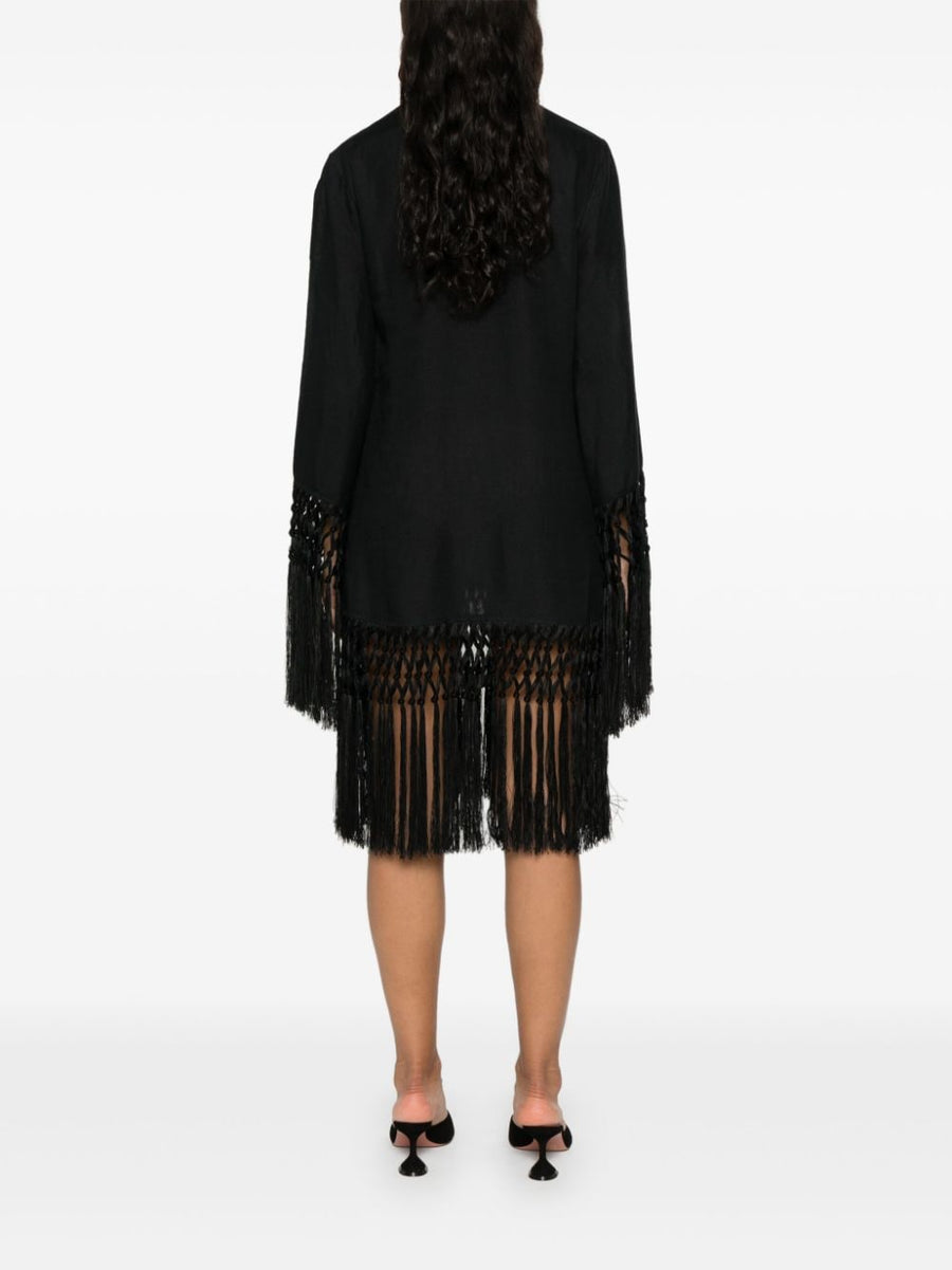 Taller Marmo Linen Short Dress With Fringe Detailing Black For Women Resort Wear