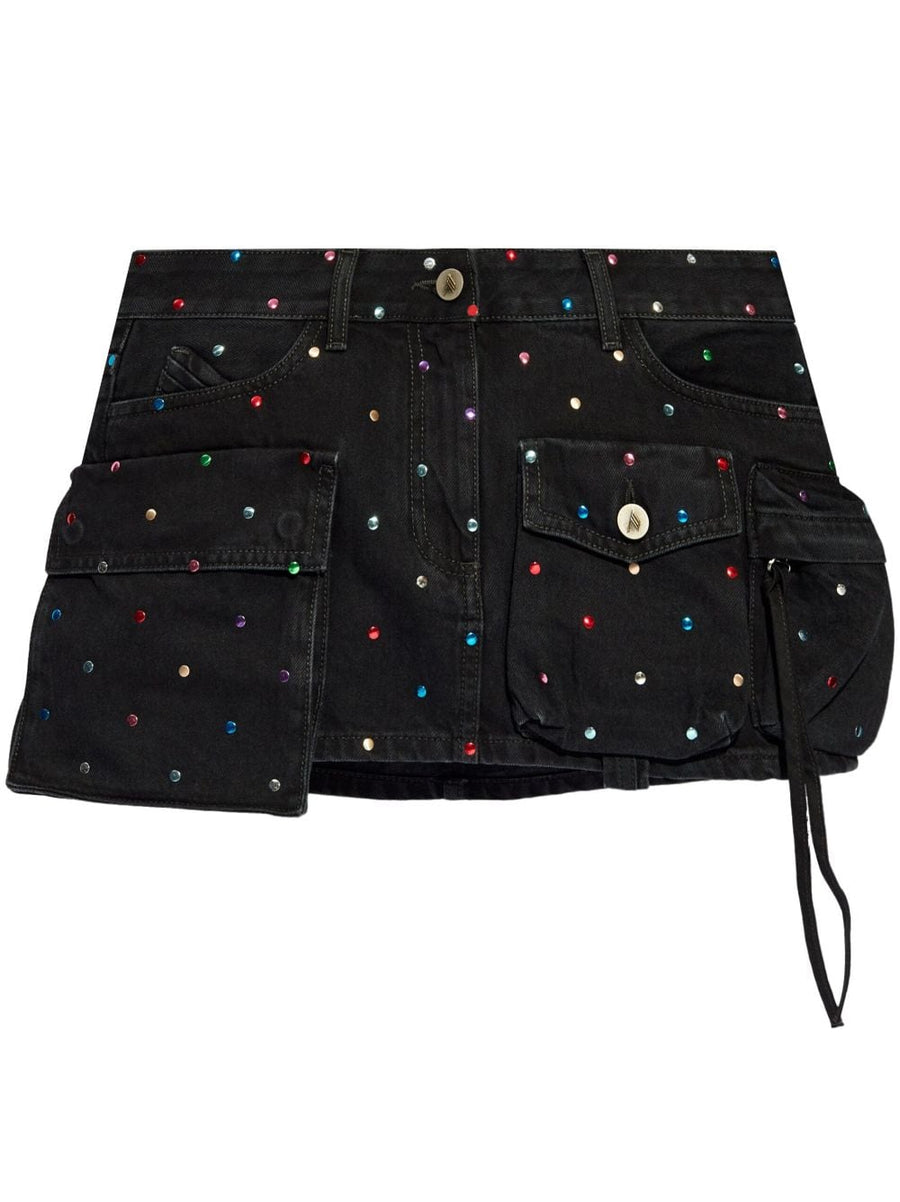 Luxurious Denim Mini Skirt The Attico Fay Jet Black With Rhinestone Embellishments For Fashion Forward Women