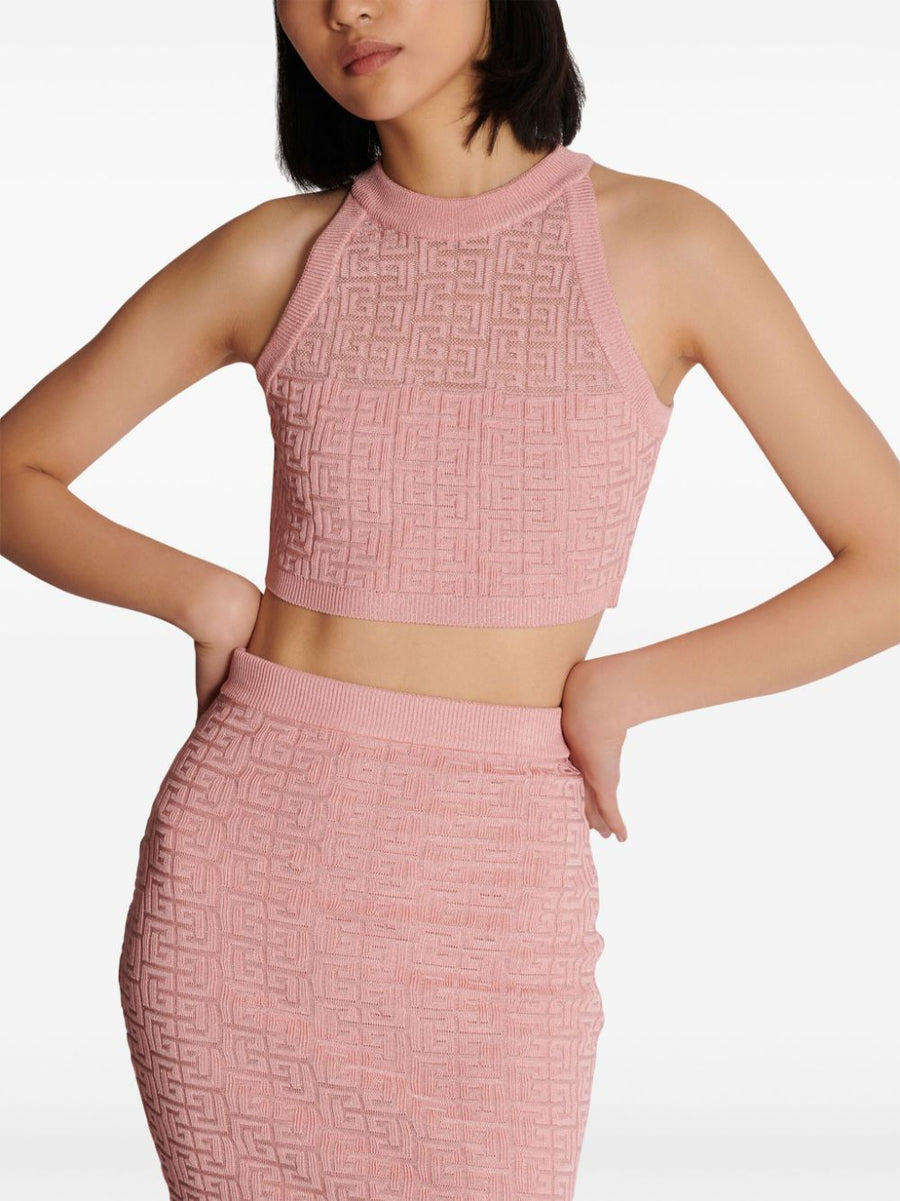 Balmain PB Labyrinth Sleeveless Knit Top Pink Luxury Monogram Pattern For Women Viscose Blend Knitwear