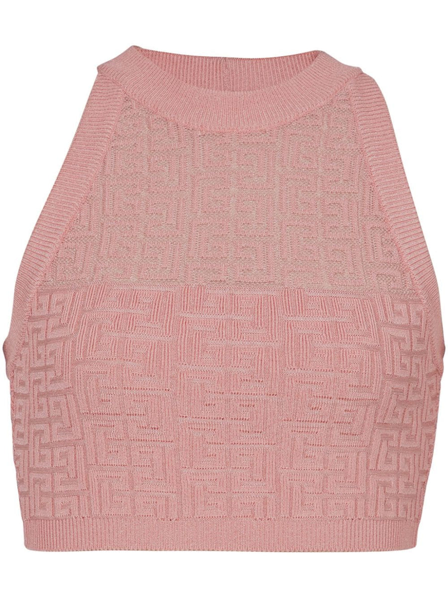 Balmain PB Labyrinth Sleeveless Knit Top Pink Luxury Monogram Pattern For Women Viscose Blend Knitwear