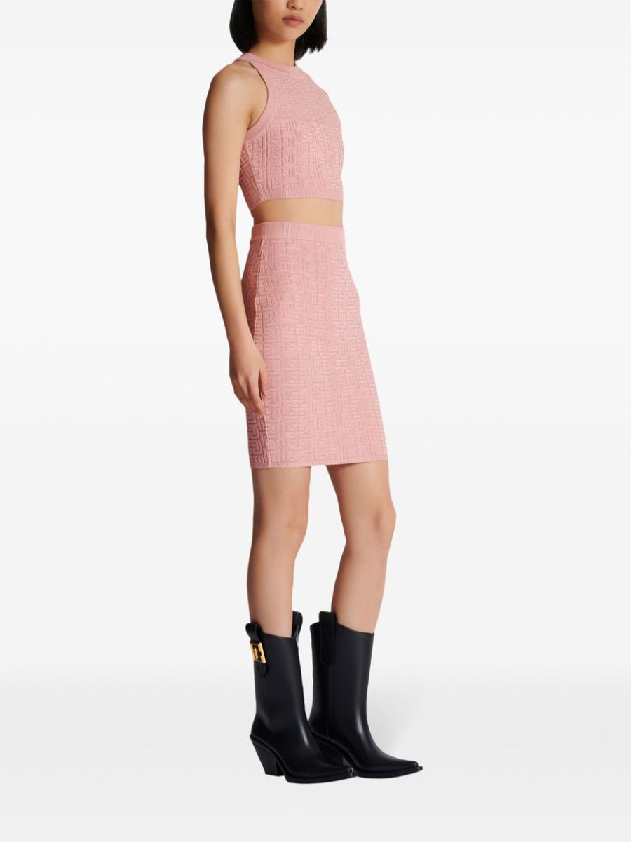 Balmain PB Labyrinth Sleeveless Knit Top Pink Luxury Monogram Pattern For Women Viscose Blend Knitwear