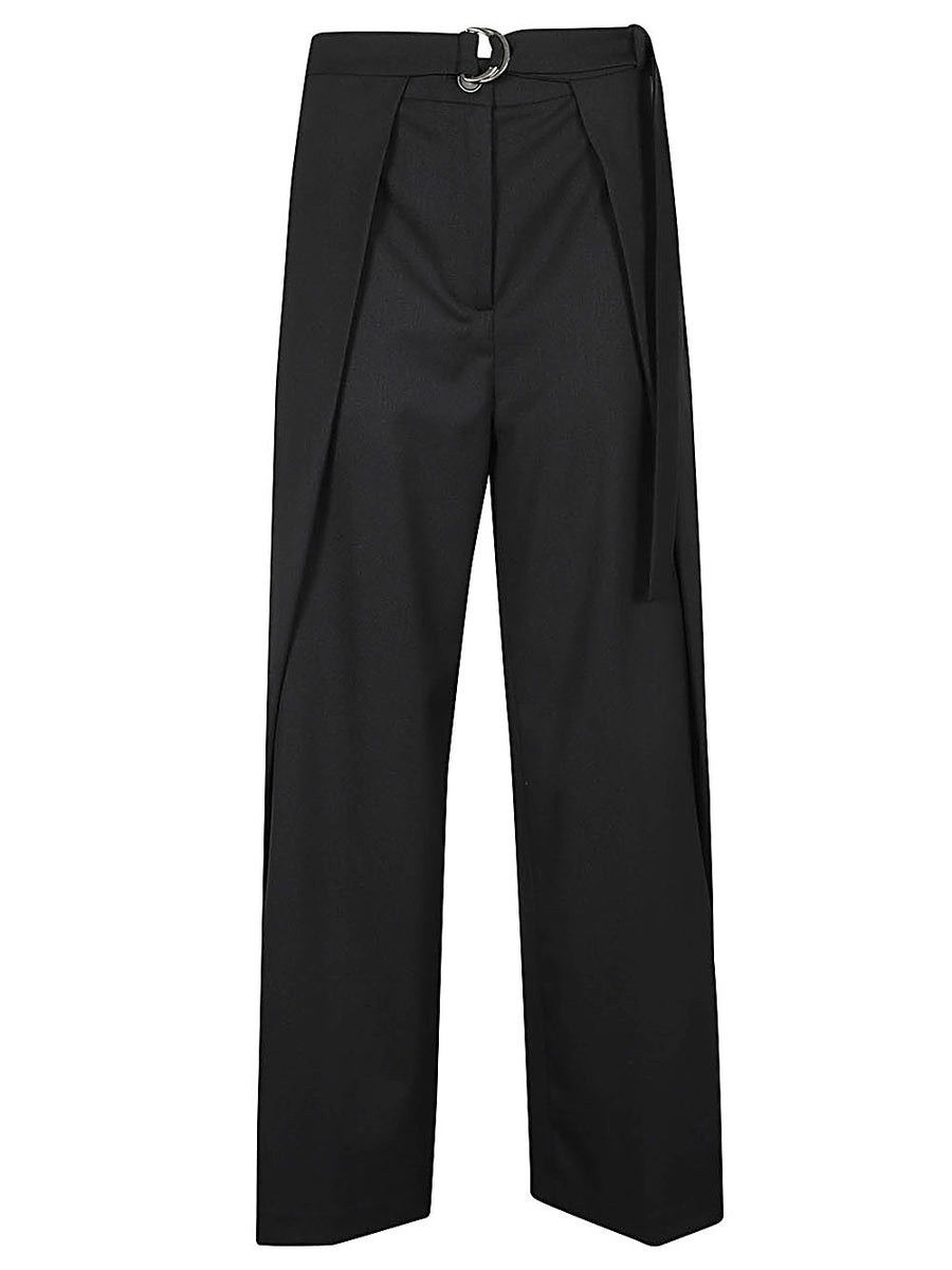 Amelia Trousers Erika Cavallini Semi Couture Black Wool Twill Belted Straight Leg For Women