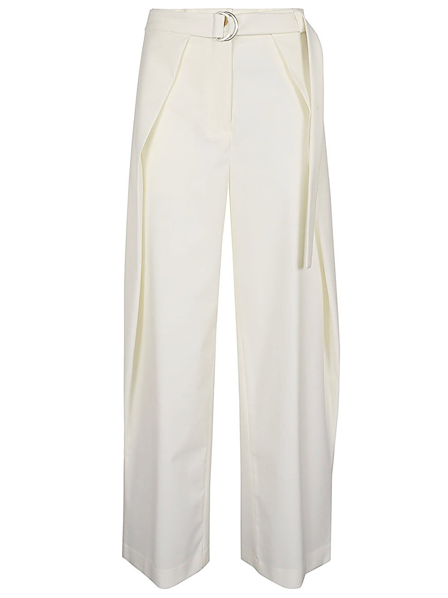 Erika Cavallini Semi-Couture Amelia Wool Twill Trousers For Women With Belt Buckle White Tailored Officewear