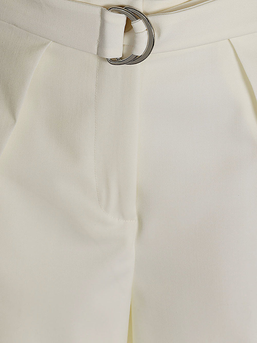 Erika Cavallini Semi-Couture Amelia Wool Twill Trousers For Women With Belt Buckle White Tailored Officewear