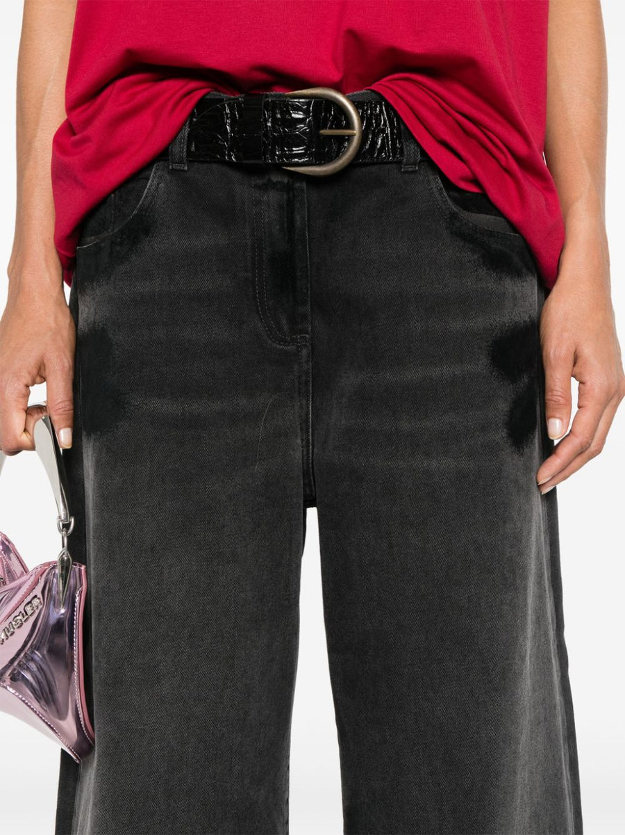 The Attico Wide Leg Denim Jeans in Black Cotton Distressed Finish for Women Versatile Luxury Day to Night