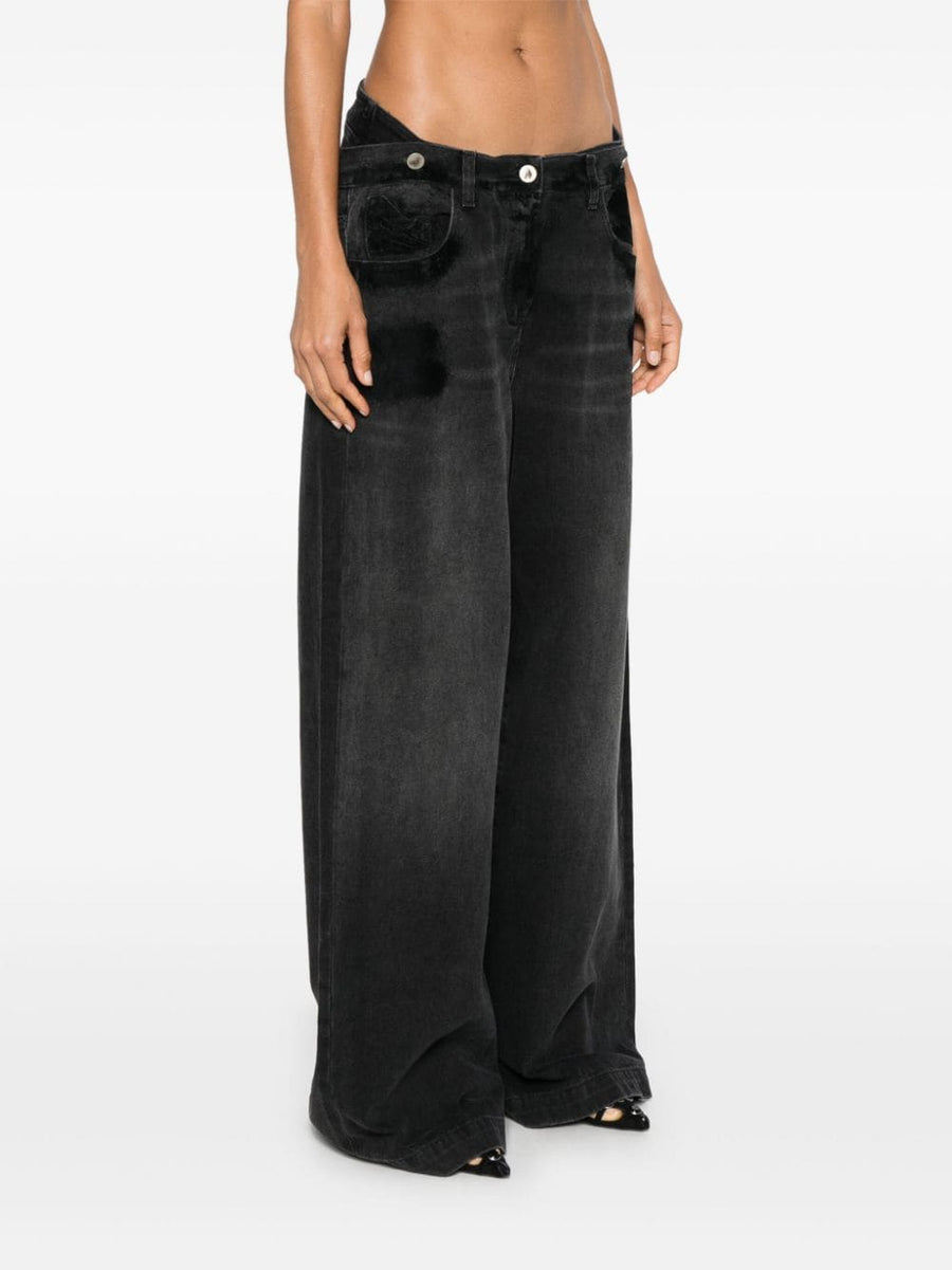 The Attico Wide Leg Denim Jeans in Black Cotton Distressed Finish for Women Versatile Luxury Day to Night