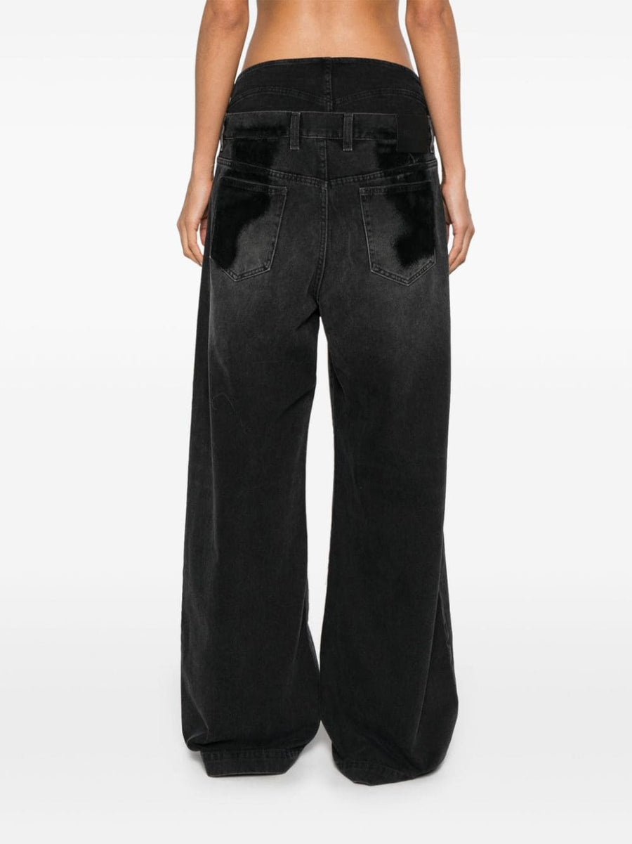 The Attico Wide Leg Denim Jeans in Black Cotton Distressed Finish for Women Versatile Luxury Day to Night