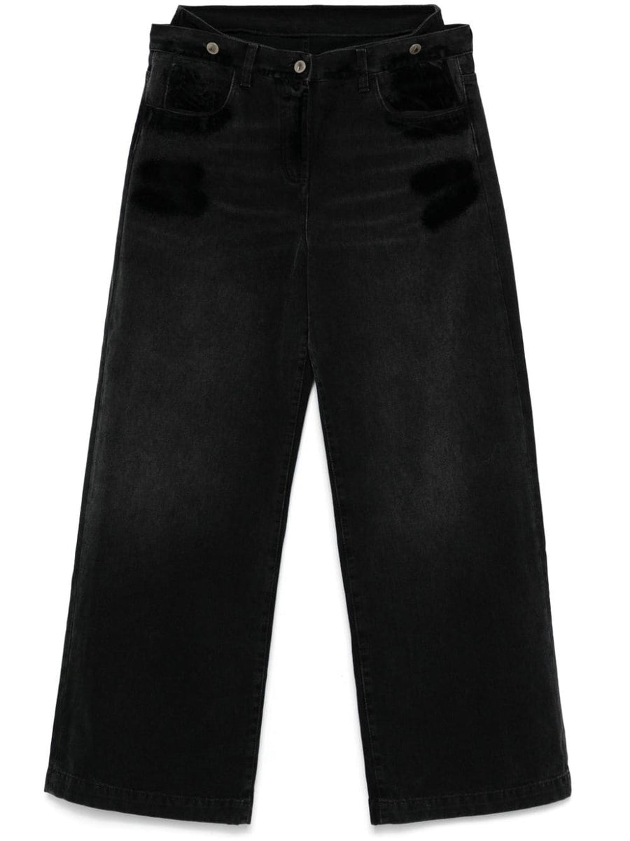 The Attico Wide Leg Denim Jeans in Black Cotton Distressed Finish for Women Versatile Luxury Day to Night