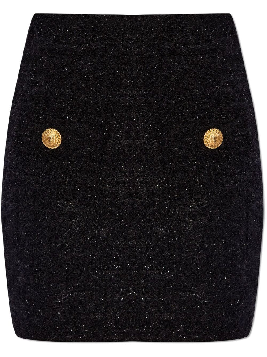 Balmain Luxurious High Waisted Bouclé Miniskirt With Mélange Finish Textured Fabric Gold Tone Buttons For Women