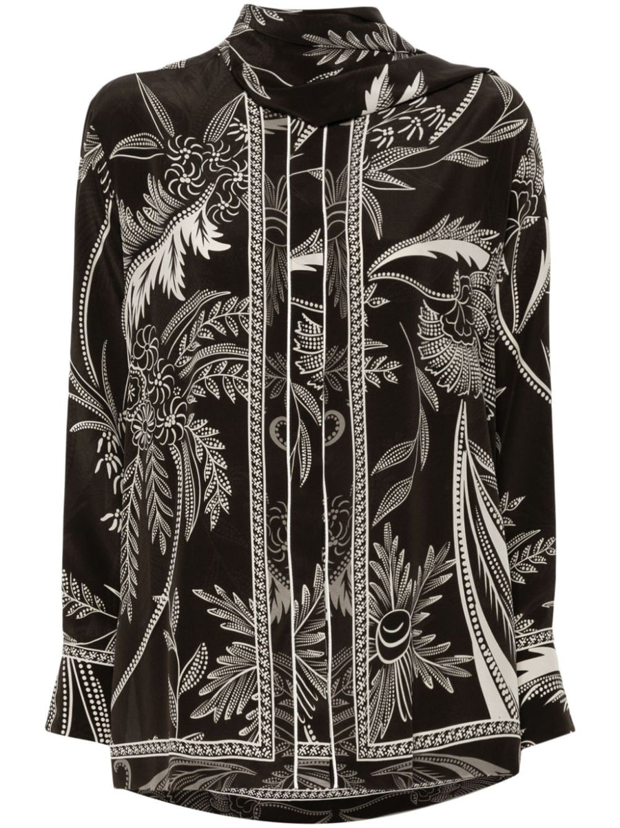 F.R.S Printed Silk Shirt for Women With Brown Botanical Print and Satin Finish Luxury Resortwear