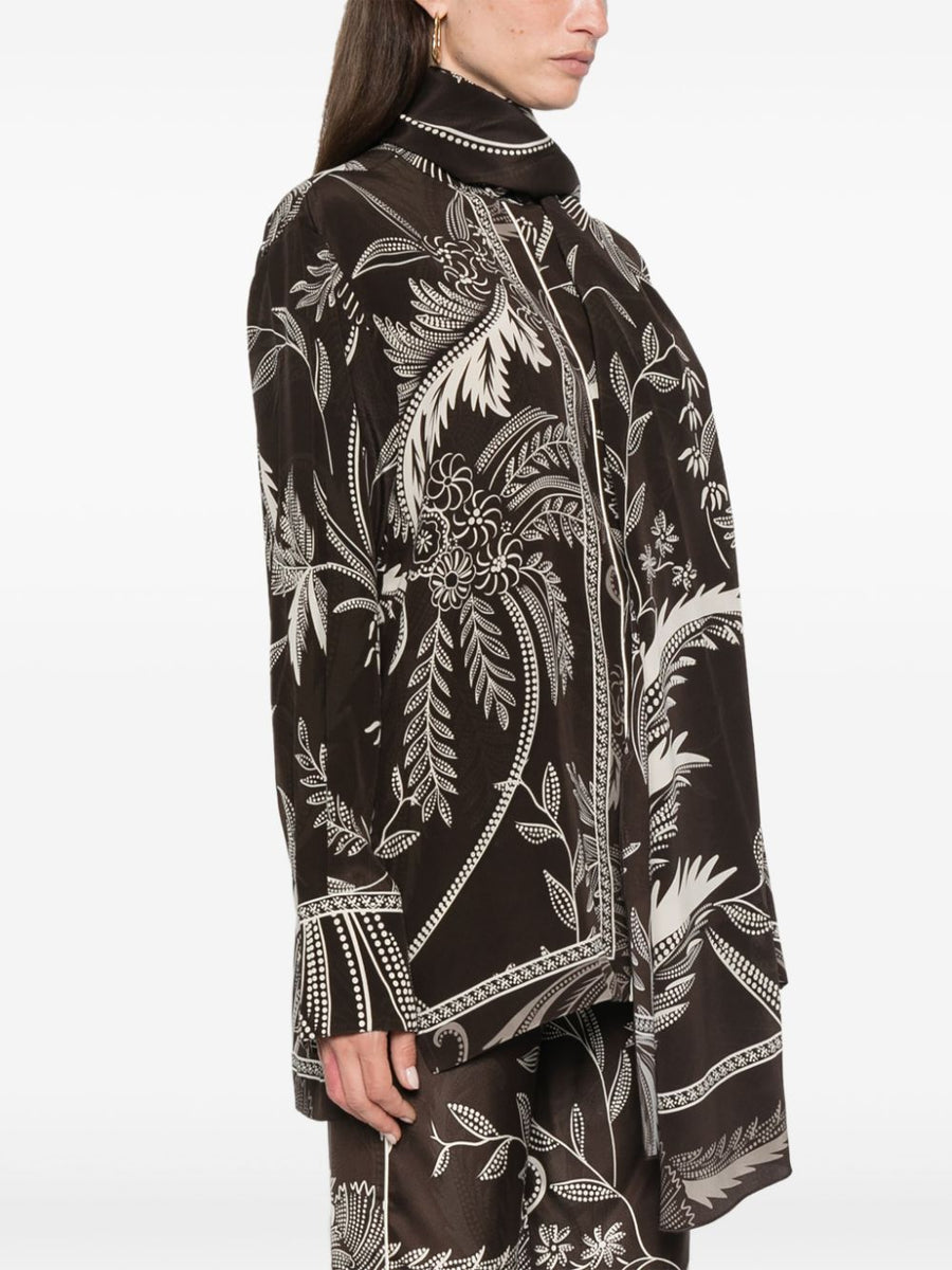F.R.S Printed Silk Shirt for Women With Brown Botanical Print and Satin Finish Luxury Resortwear