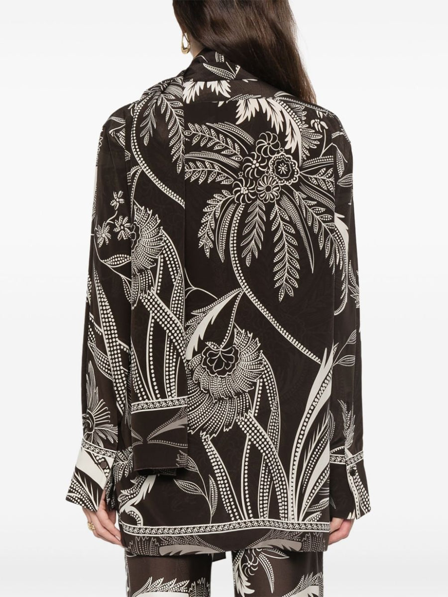F.R.S Printed Silk Shirt for Women With Brown Botanical Print and Satin Finish Luxury Resortwear