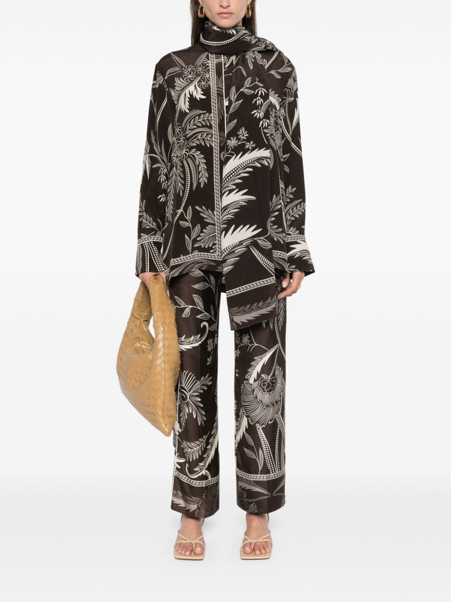 F.R.S Printed Silk Shirt for Women With Brown Botanical Print and Satin Finish Luxury Resortwear