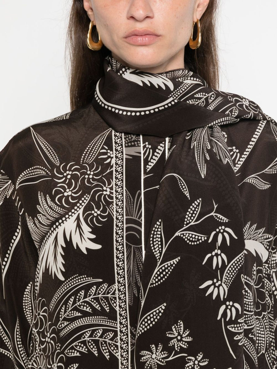 F.R.S Printed Silk Shirt for Women With Brown Botanical Print and Satin Finish Luxury Resortwear