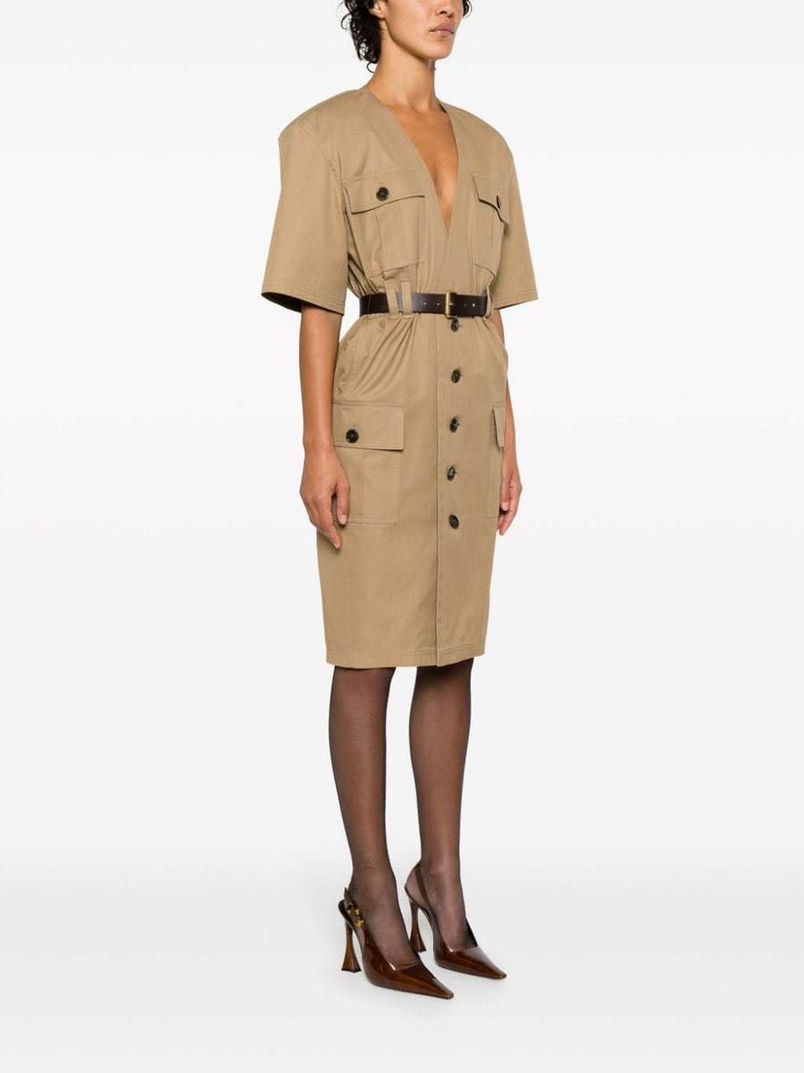 Saint Laurent Beige Cotton Twill Midi Dress For Women Belted Waist Front Button V Neck Luxurious