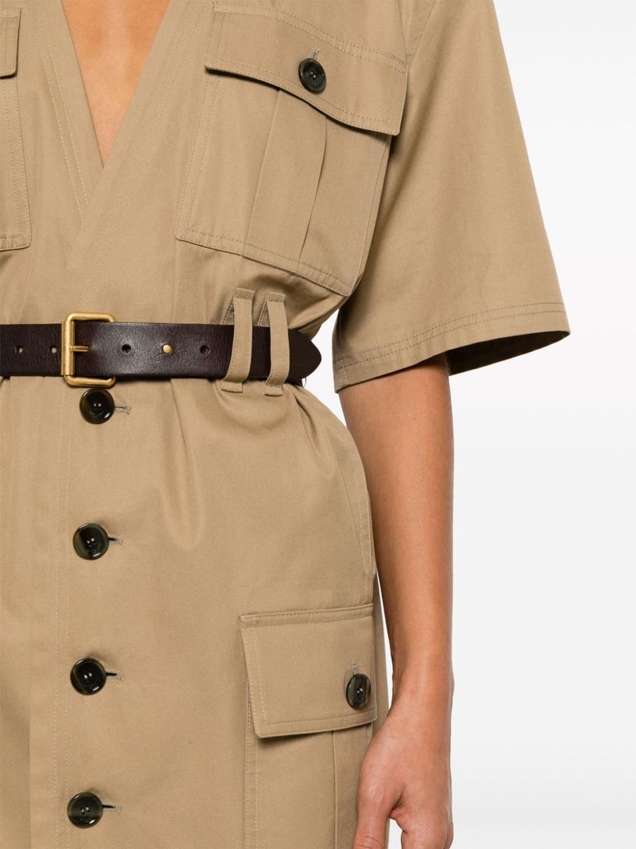 Saint Laurent Beige Cotton Twill Midi Dress For Women Belted Waist Front Button V Neck Luxurious