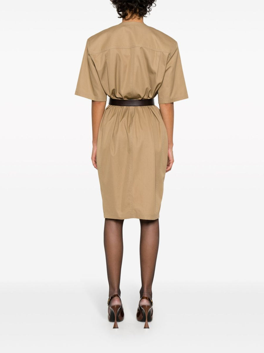 Saint Laurent Beige Cotton Twill Midi Dress For Women Belted Waist Front Button V Neck Luxurious