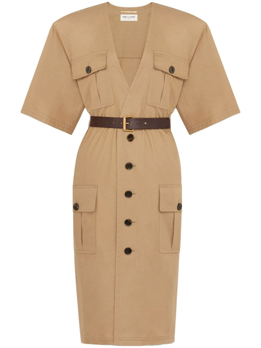 Saint Laurent Beige Cotton Twill Midi Dress For Women Belted Waist Front Button V Neck Luxurious