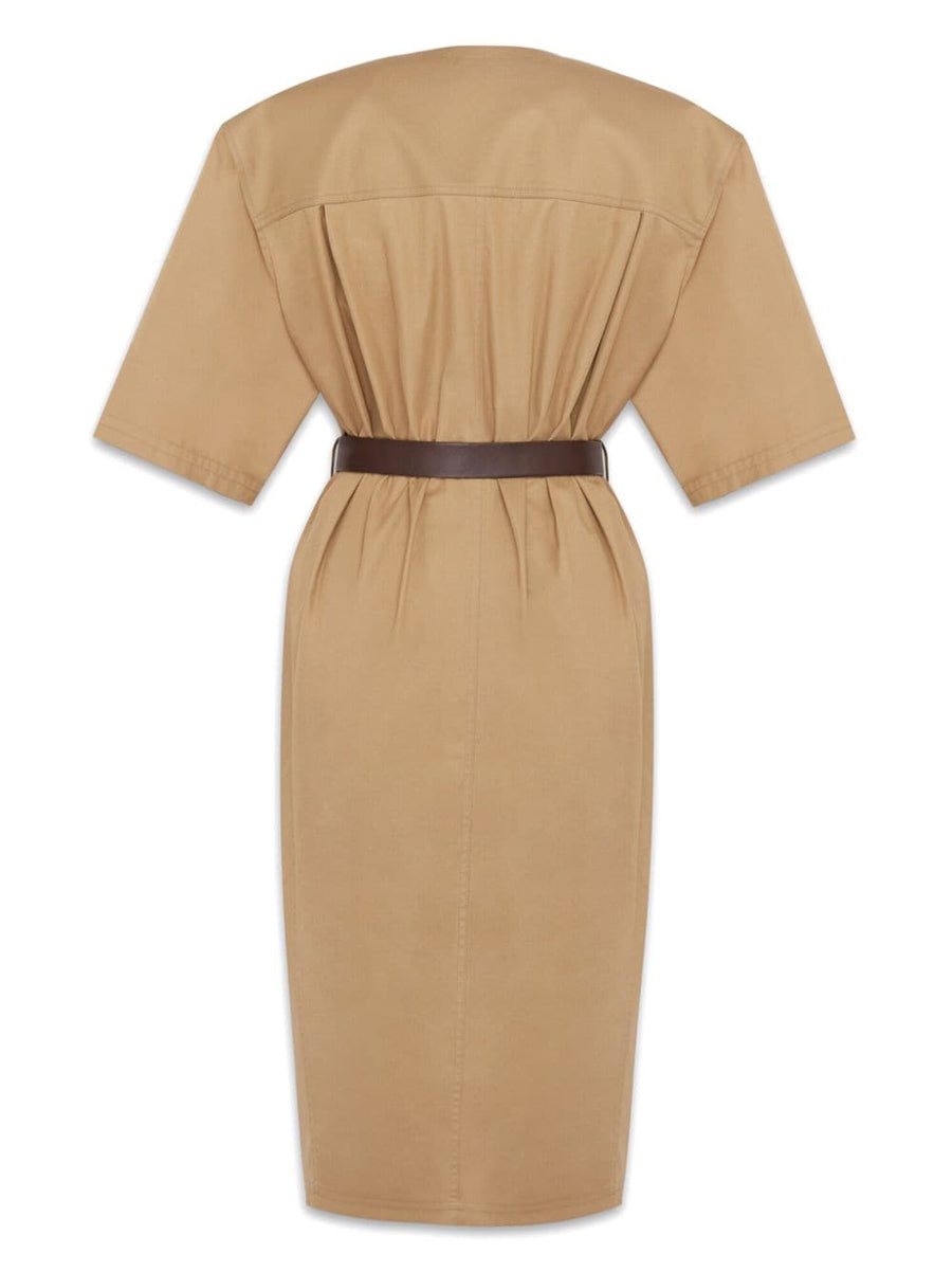 Saint Laurent Beige Cotton Twill Midi Dress For Women Belted Waist Front Button V Neck Luxurious