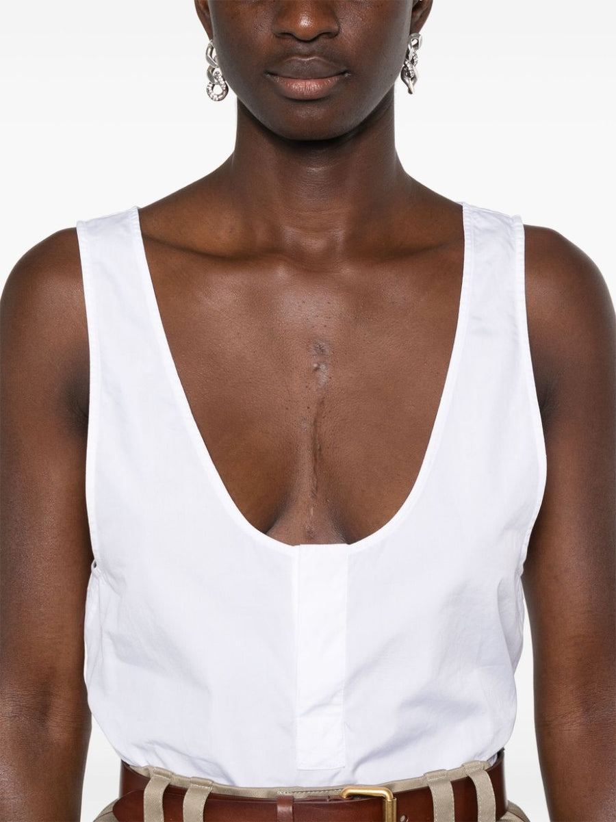 Saint Laurent Henley Tank Top For Women Semi Sheer White Cotton Poplin Essential
