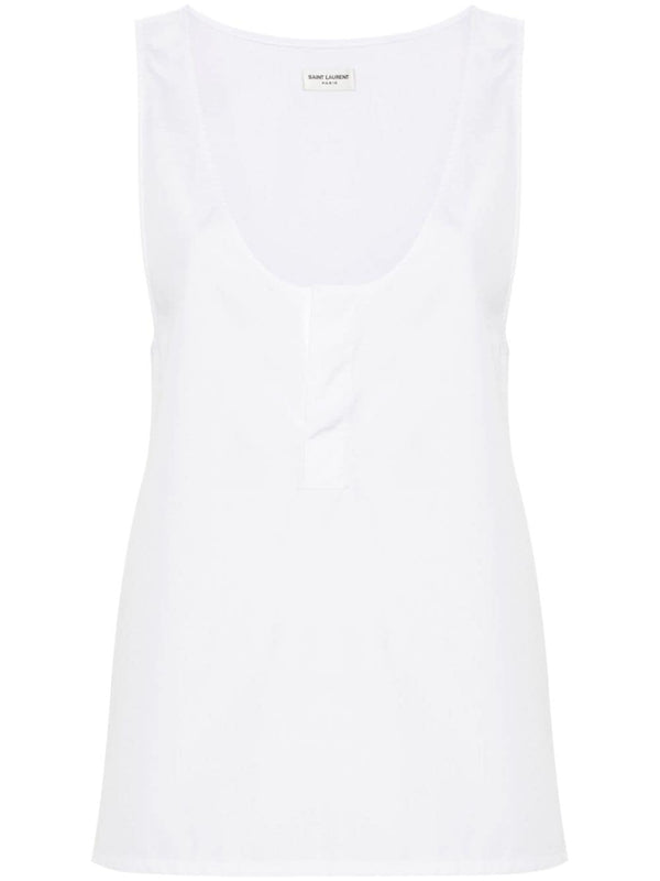 Saint Laurent Henley Tank Top For Women Semi Sheer White Cotton Poplin Essential