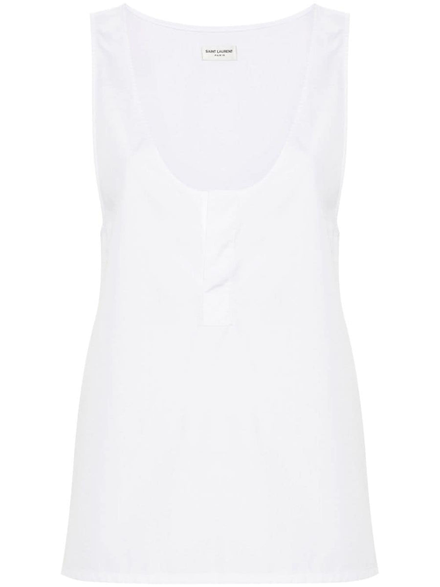Saint Laurent Henley Tank Top For Women Semi Sheer White Cotton Poplin Essential