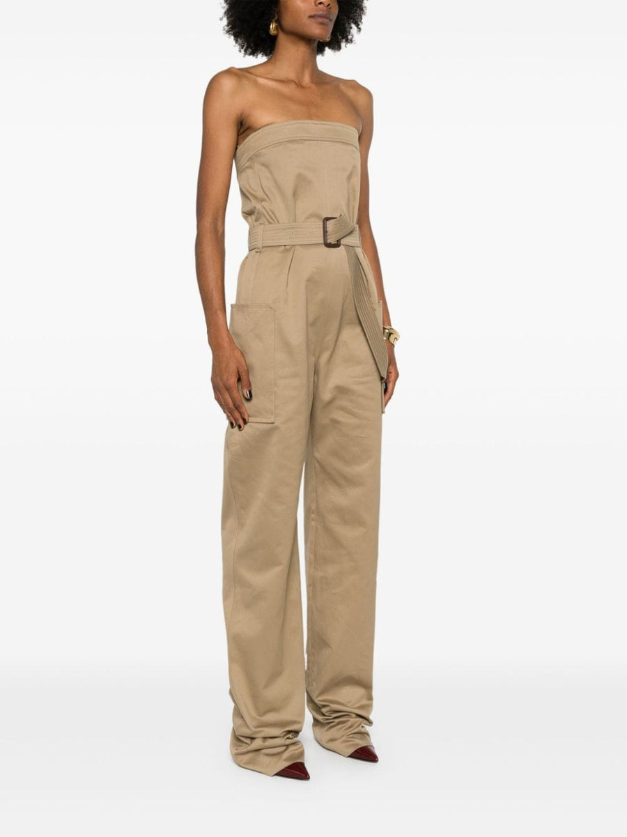 Saint Laurent Strapless Belted Cotton Jumpsuit For Women With Detachable Belt In Sesame Beige