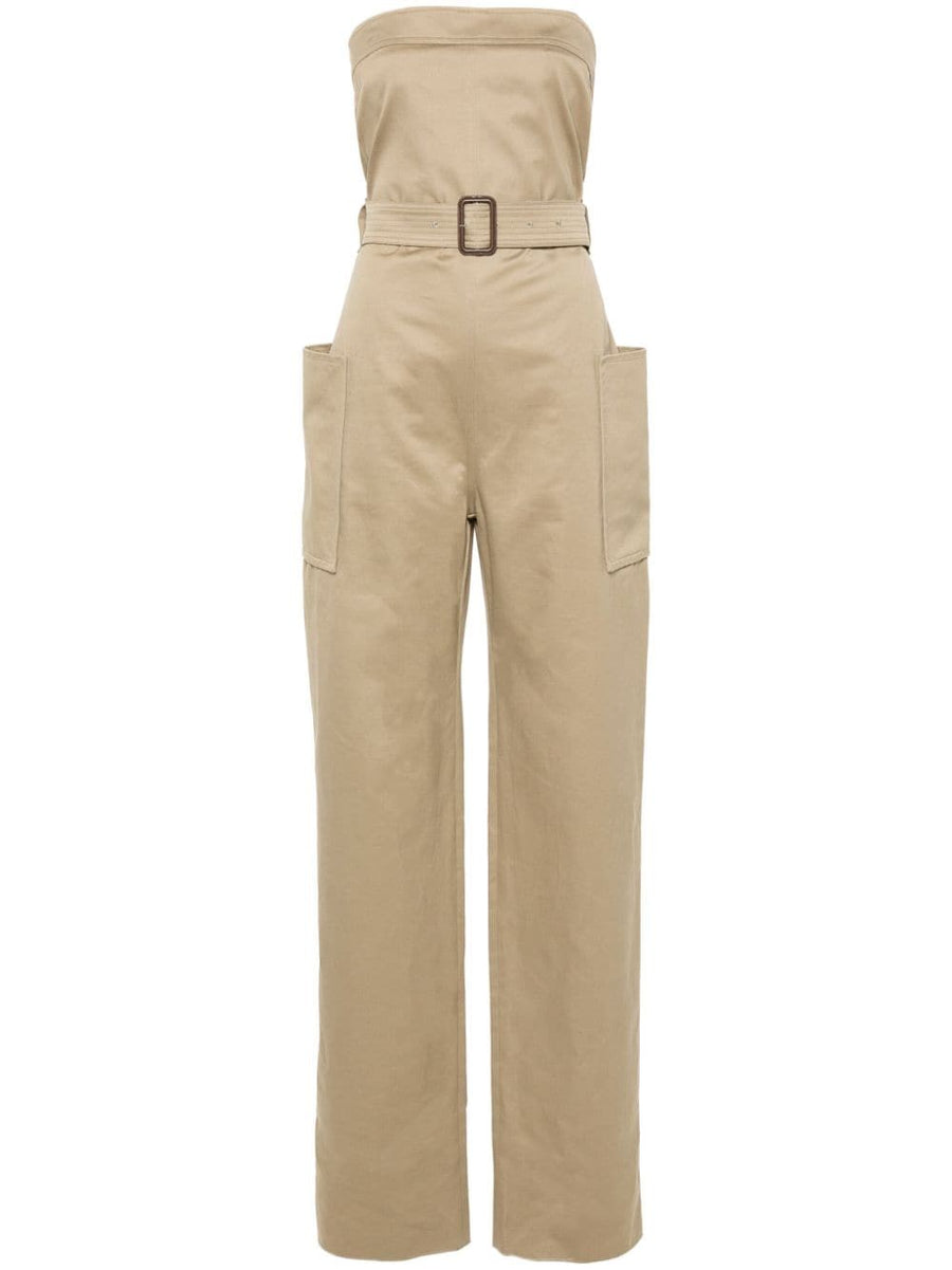 Saint Laurent Strapless Belted Cotton Jumpsuit For Women With Detachable Belt In Sesame Beige