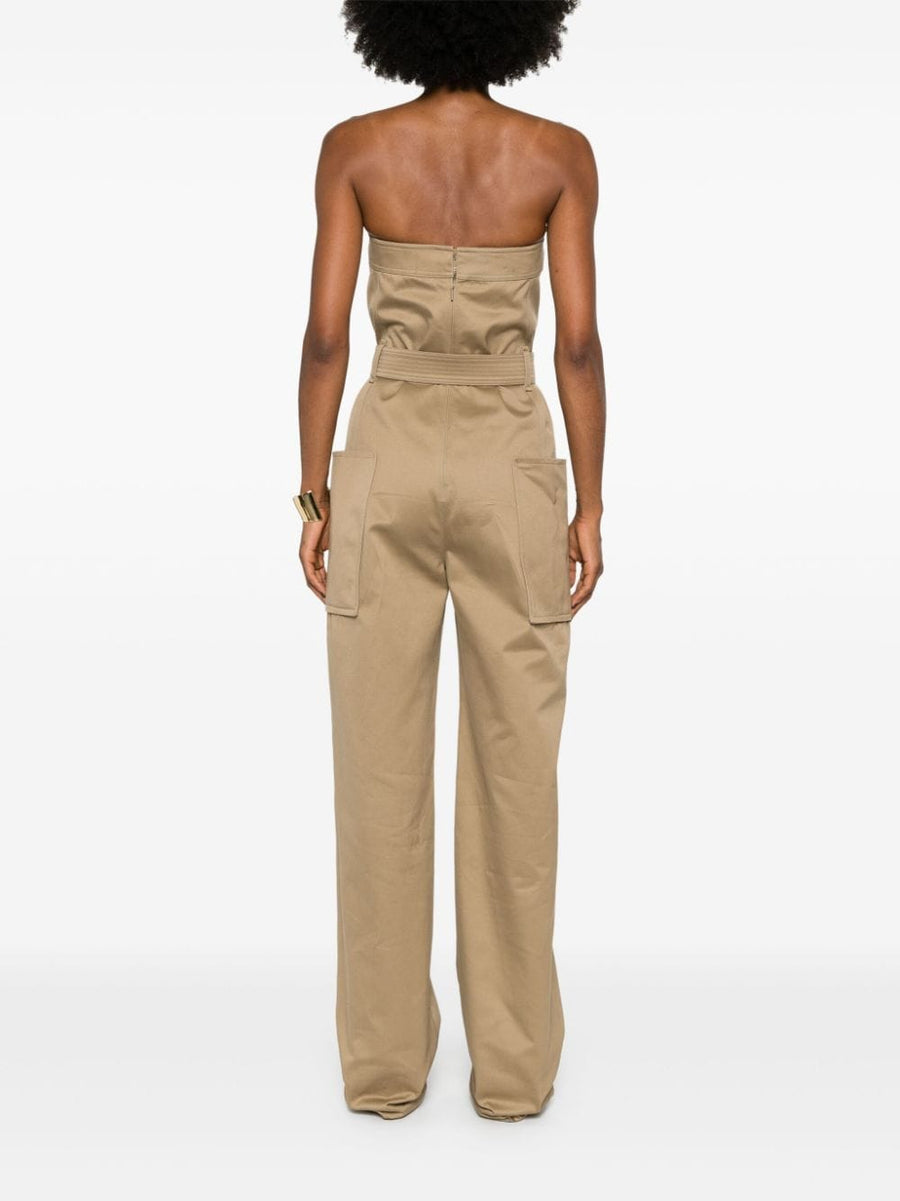 Saint Laurent Strapless Belted Cotton Jumpsuit For Women With Detachable Belt In Sesame Beige