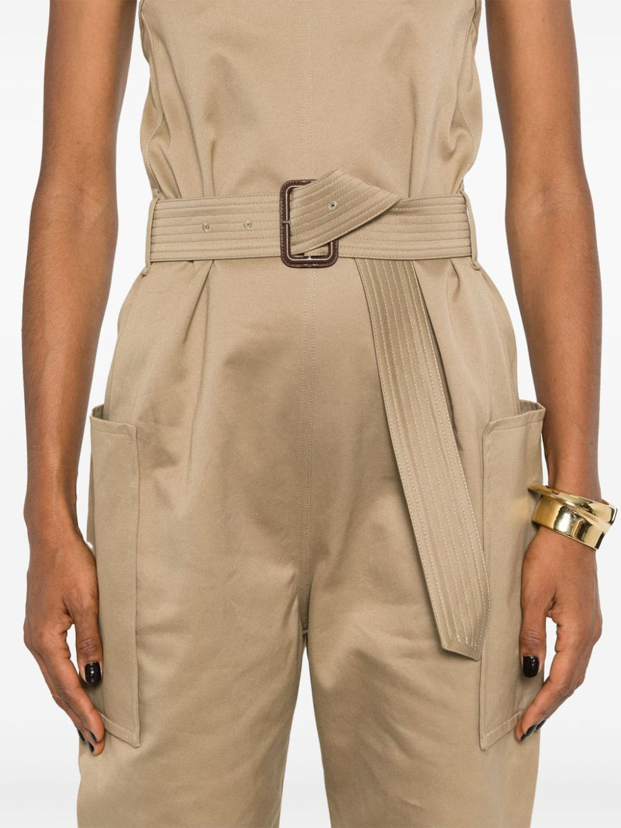 Saint Laurent Strapless Belted Cotton Jumpsuit For Women With Detachable Belt In Sesame Beige