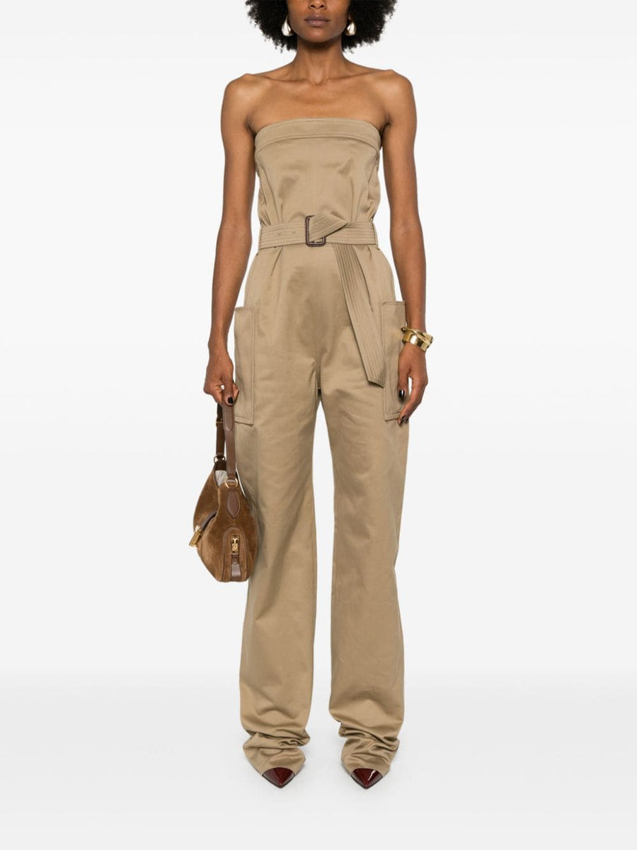 Saint Laurent Strapless Belted Cotton Jumpsuit For Women With Detachable Belt In Sesame Beige
