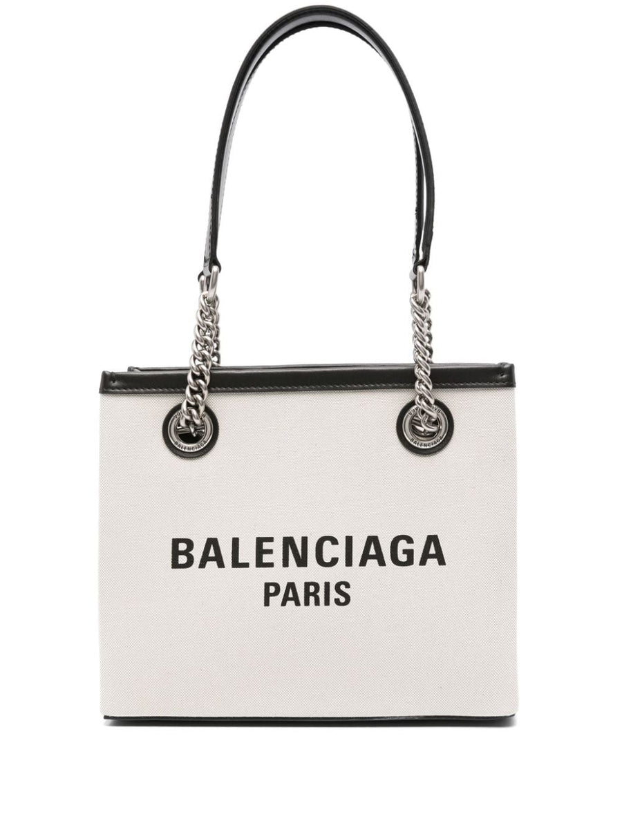 Balenciaga Small Duty Free Tote Bag Smart Compact Design For Women Canvas Tote With Leather Trim Front Logo