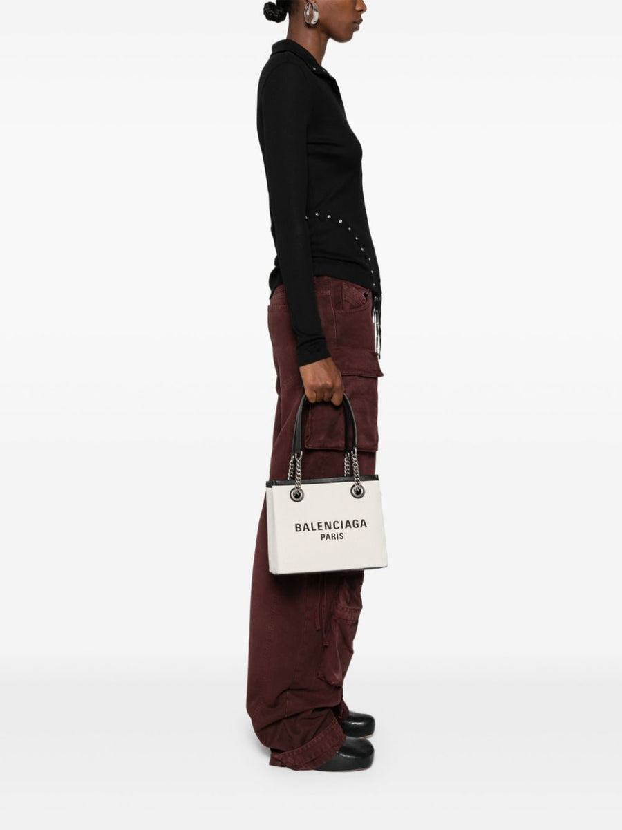 Balenciaga Small Duty Free Tote Bag Smart Compact Design For Women Canvas Tote With Leather Trim Front Logo