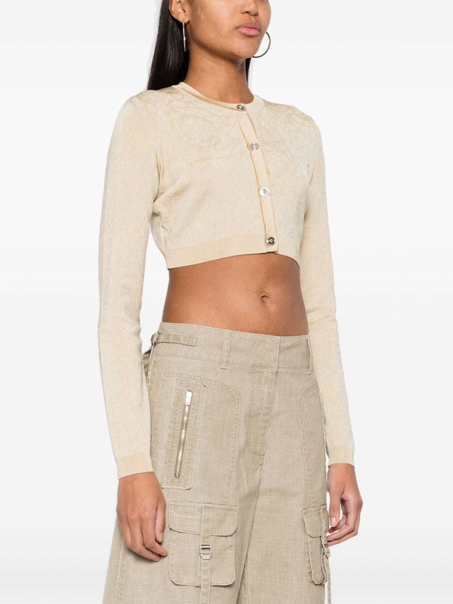 Versace Barocco Lurex Cropped Cardigan for Women - Luxurious Beige Knit with Medusa Buttons