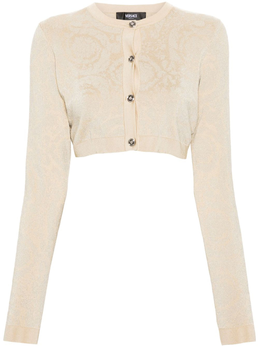 Versace Barocco Lurex Cropped Cardigan for Women - Luxurious Beige Knit with Medusa Buttons
