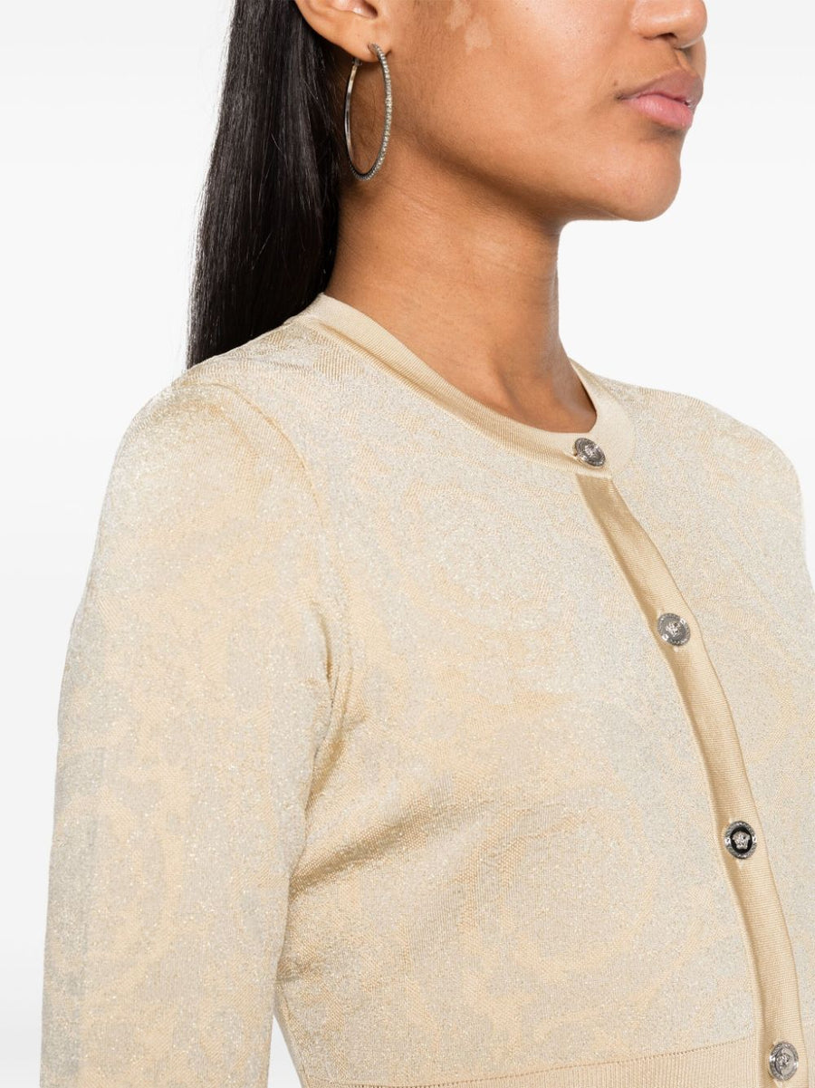 Versace Barocco Lurex Cropped Cardigan for Women - Luxurious Beige Knit with Medusa Buttons