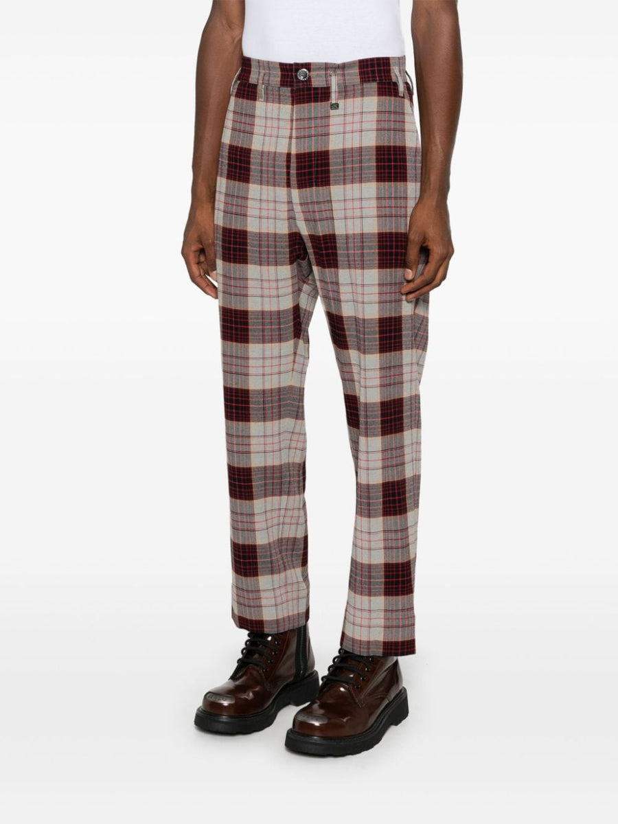 Vivienne Westwood Conscious Check Trousers For Men Bold Red Multicolor Mid Rise Slim Fit Cropped Leg