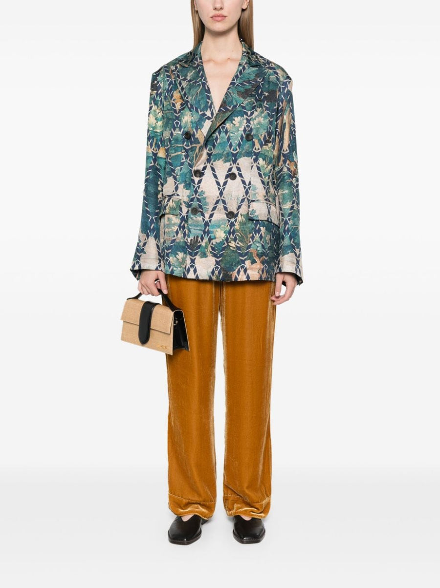 Pierre Louis Mascia Luxurious Printed Silk Jacket for Women Blue Multicolor Geometric Print with Rear Vents