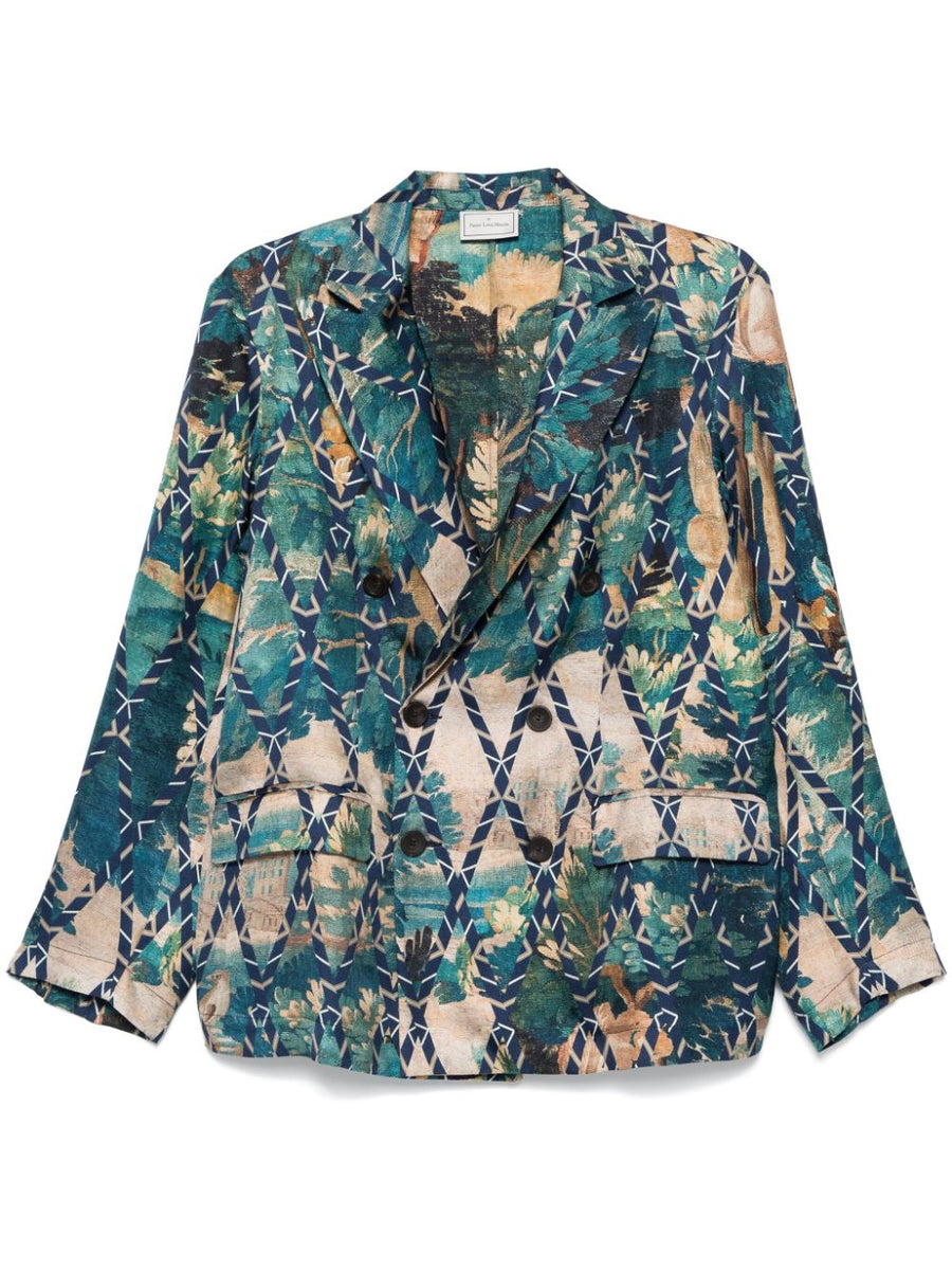 Pierre Louis Mascia Luxurious Printed Silk Jacket for Women Blue Multicolor Geometric Print with Rear Vents