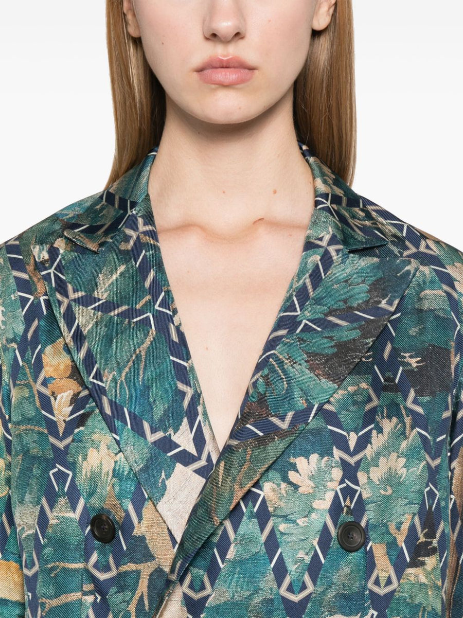 Pierre Louis Mascia Luxurious Printed Silk Jacket for Women Blue Multicolor Geometric Print with Rear Vents