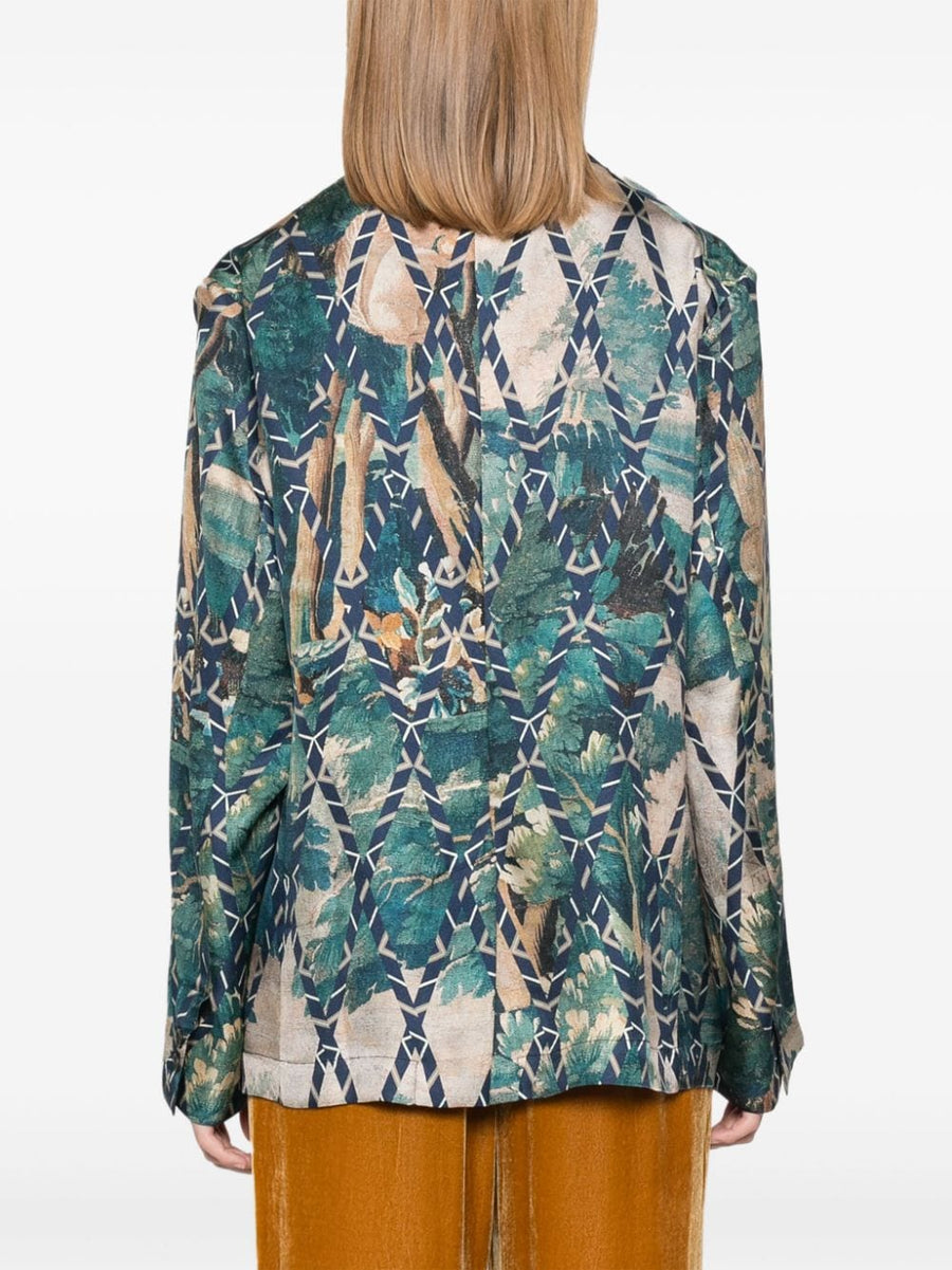 Pierre Louis Mascia Luxurious Printed Silk Jacket for Women Blue Multicolor Geometric Print with Rear Vents