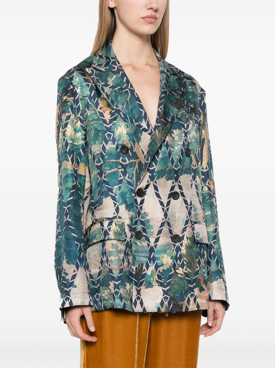 Pierre Louis Mascia Luxurious Printed Silk Jacket for Women Blue Multicolor Geometric Print with Rear Vents