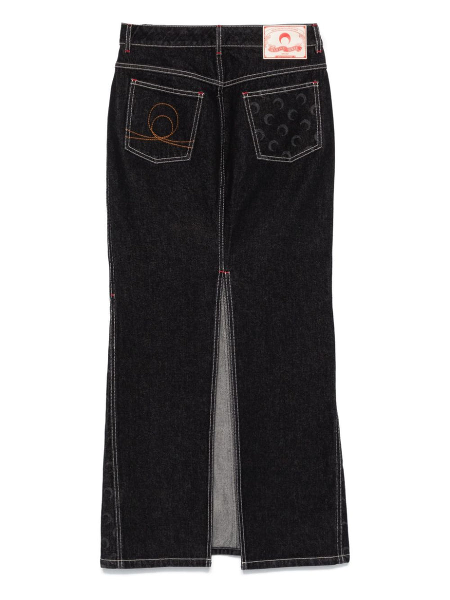 Marine Serre Crescent Moon Long Skirt Black Denim Panelled Embroidered Moon Detail For Women