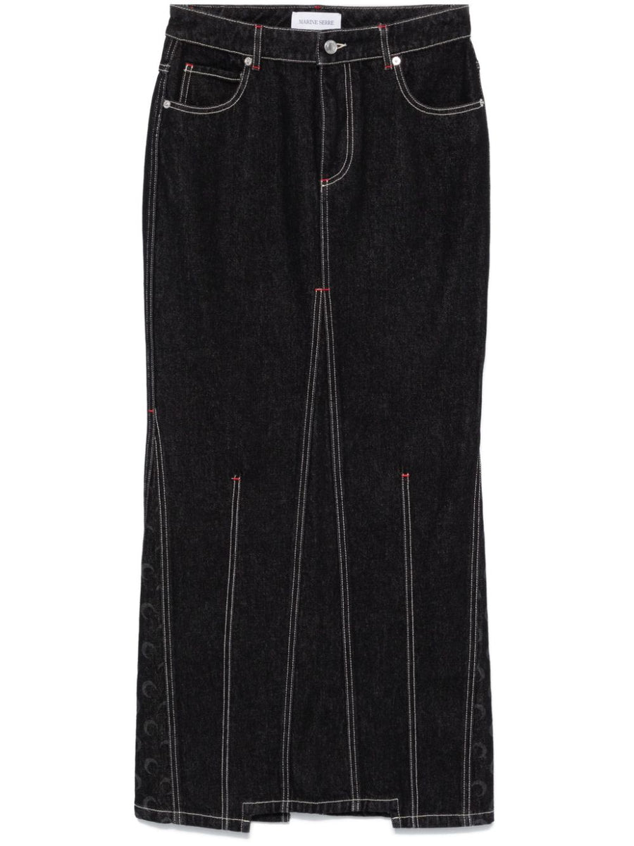 Marine Serre Crescent Moon Long Skirt Black Denim Panelled Embroidered Moon Detail For Women