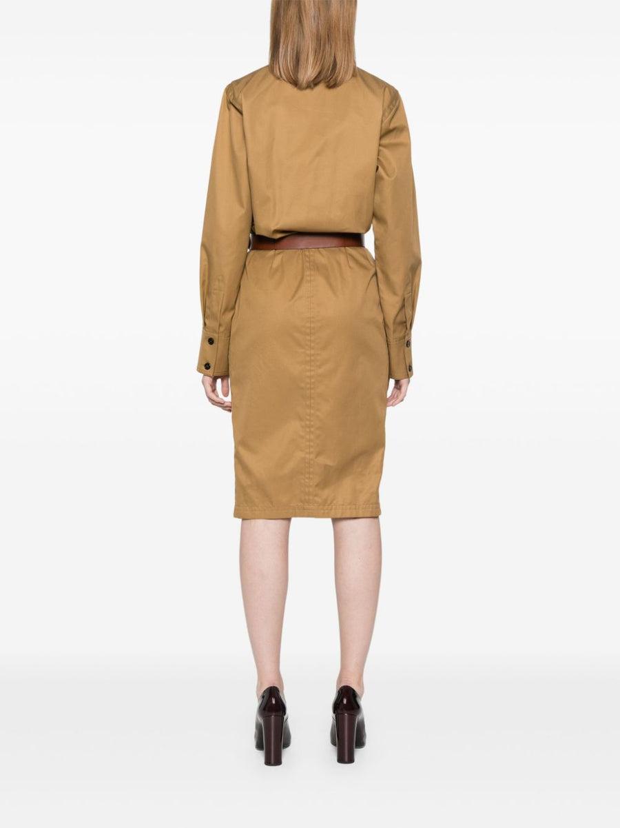 Saint Laurent Camel Cotton Twill Midi Dress With Detachable Belt V Neck Long Sleeves Tailored For Women